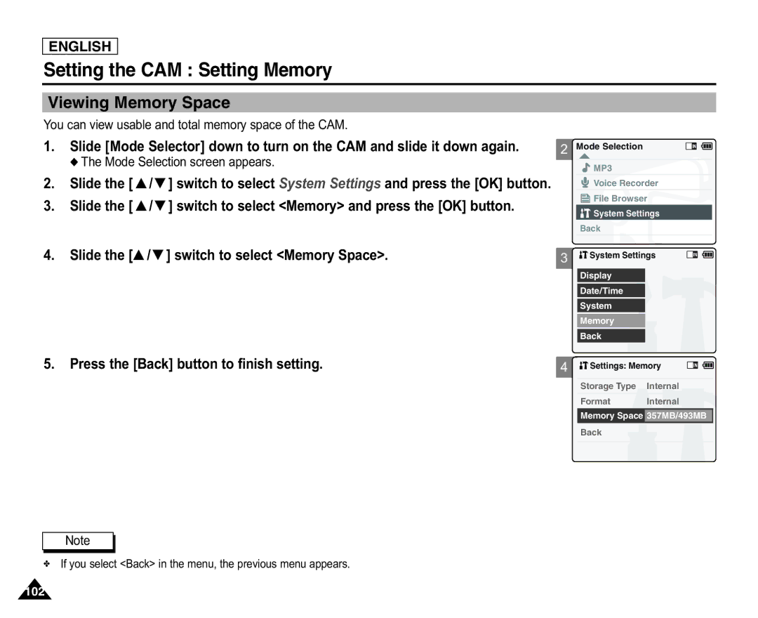 Samsung SC-X105L/X110L manual Viewing Memory Space, You can view usable and total memory space of the CAM 