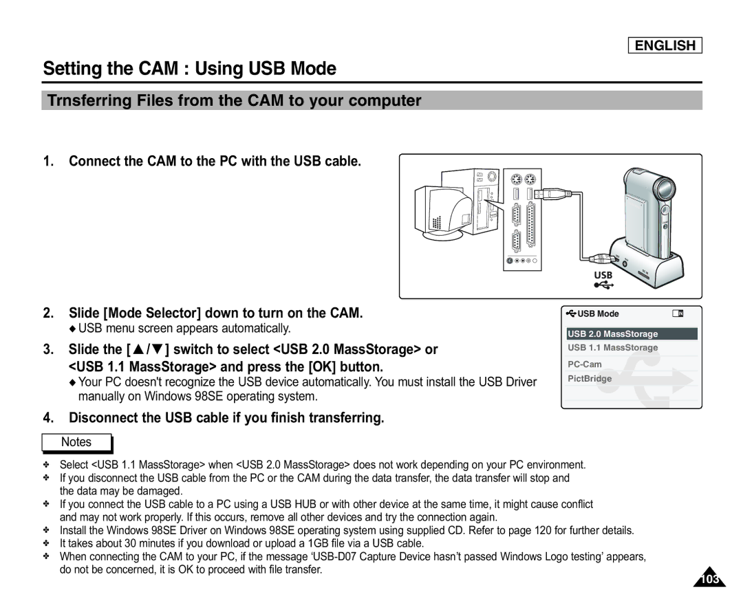 Samsung SC-X105L/X110L manual Setting the CAM Using USB Mode, Trnsferring Files from the CAM to your computer 