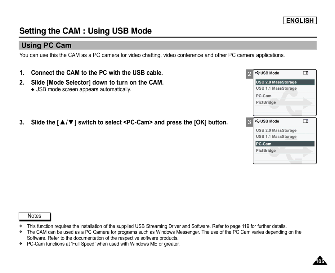 Samsung SC-X105L/X110L manual Using PC Cam, USB mode screen appears automatically 