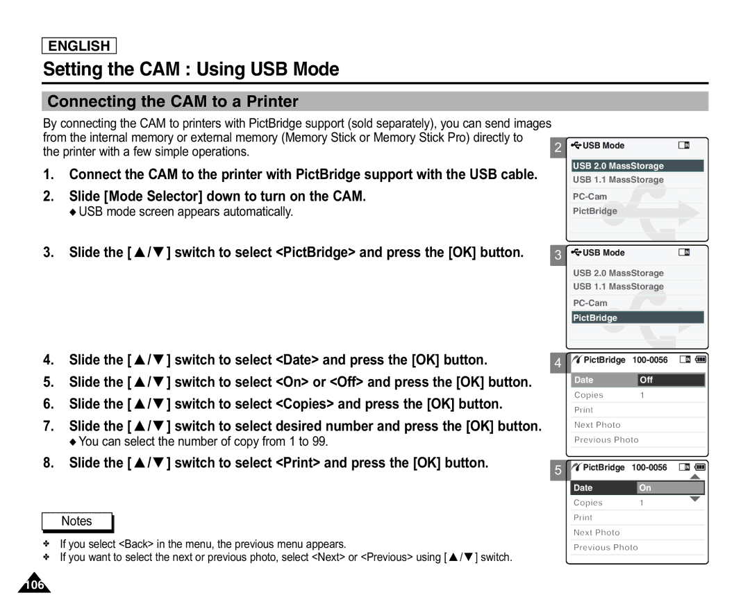 Samsung SC-X105L/X110L manual Connecting the CAM to a Printer, Slide the / switch to select Date and press the OK button 