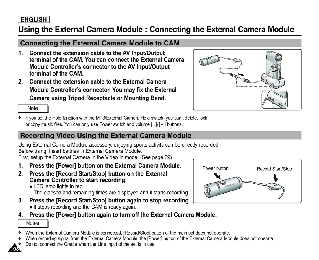 Samsung SC-X105L/X110L Connecting the External Camera Module to CAM, Recording Video Using the External Camera Module 