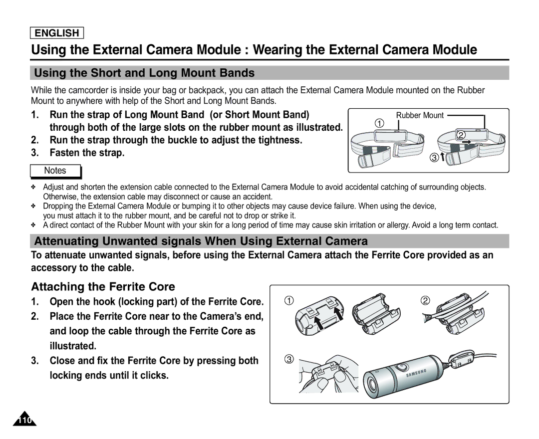 Samsung SC-X105L/X110L manual Using the Short and Long Mount Bands, Attenuating Unwanted signals When Using External Camera 