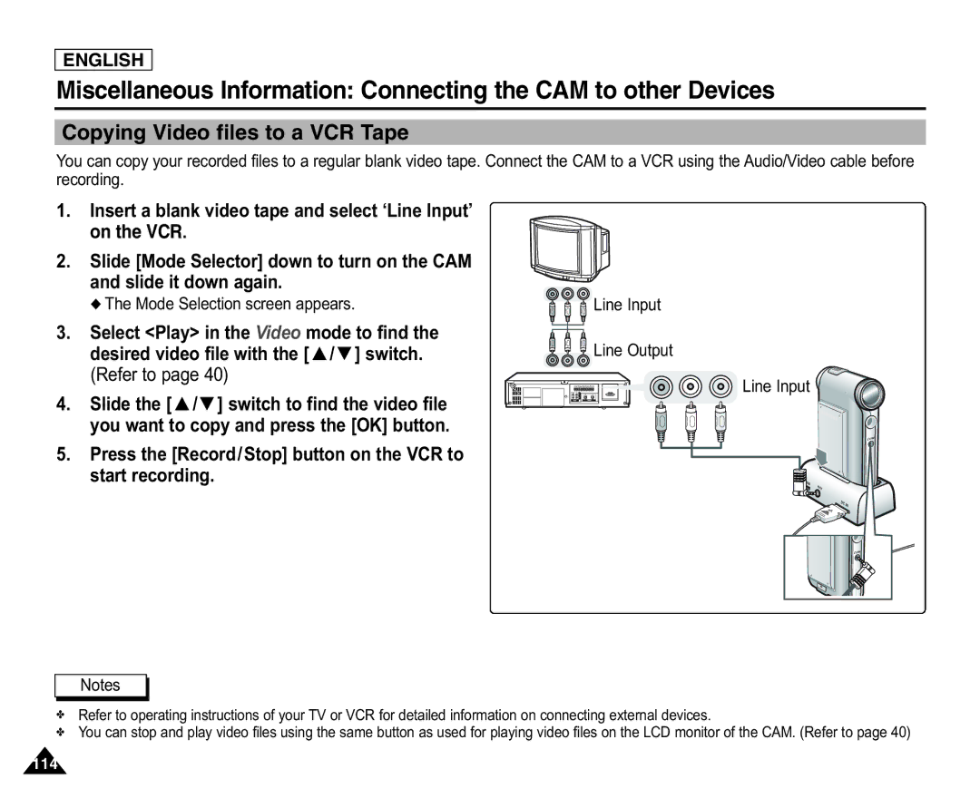 Samsung SC-X105L/X110L manual Copying Video files to a VCR Tape, Press the Record/Stop button on the VCR to start recording 