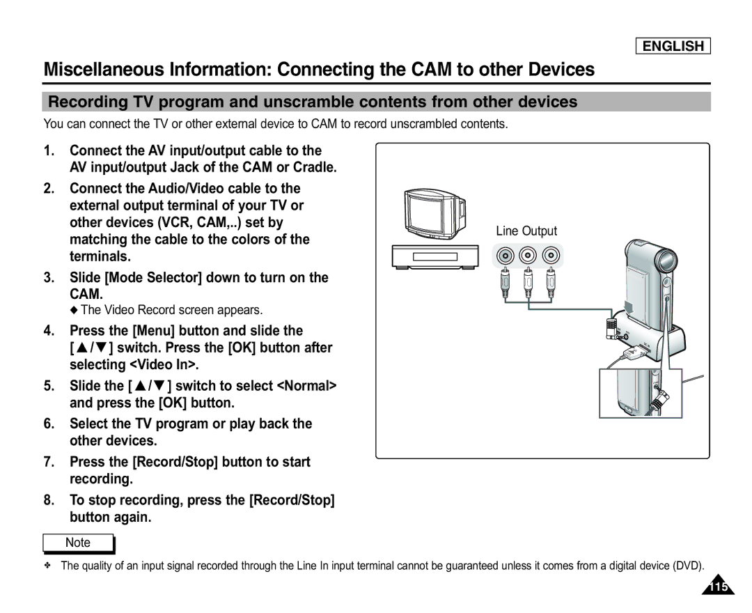 Samsung SC-X105L/X110L manual Connect the Audio/Video cable to, Video Record screen appears 