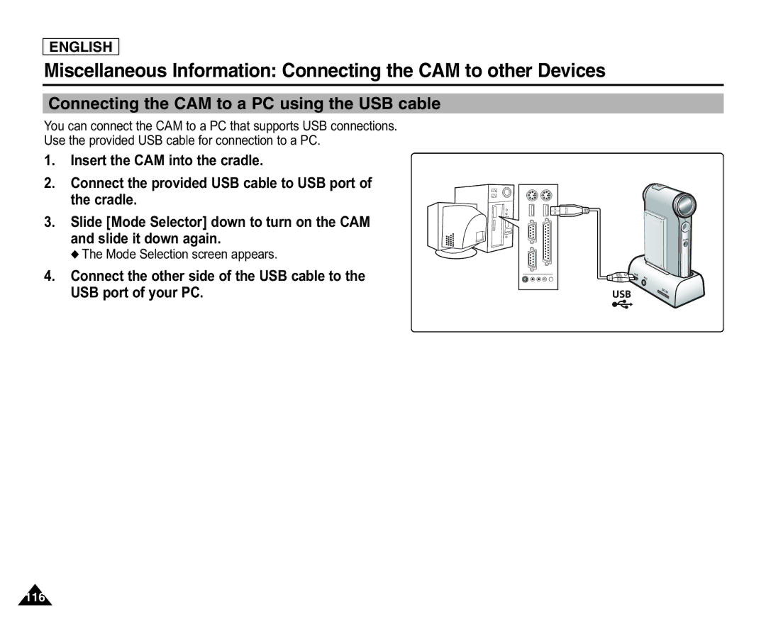 Samsung SC-X105L/X110L manual Connecting the CAM to a PC using the USB cable 