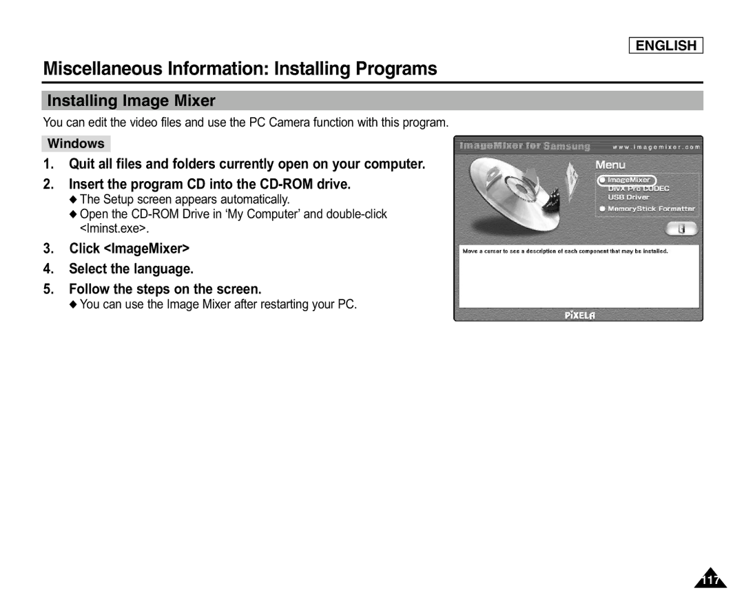 Samsung SC-X105L/X110L manual Miscellaneous Information Installing Programs, Installing Image Mixer, Windows 