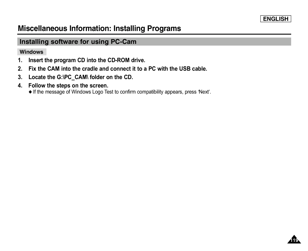 Samsung SC-X105L/X110L manual Installing software for using PC-Cam 