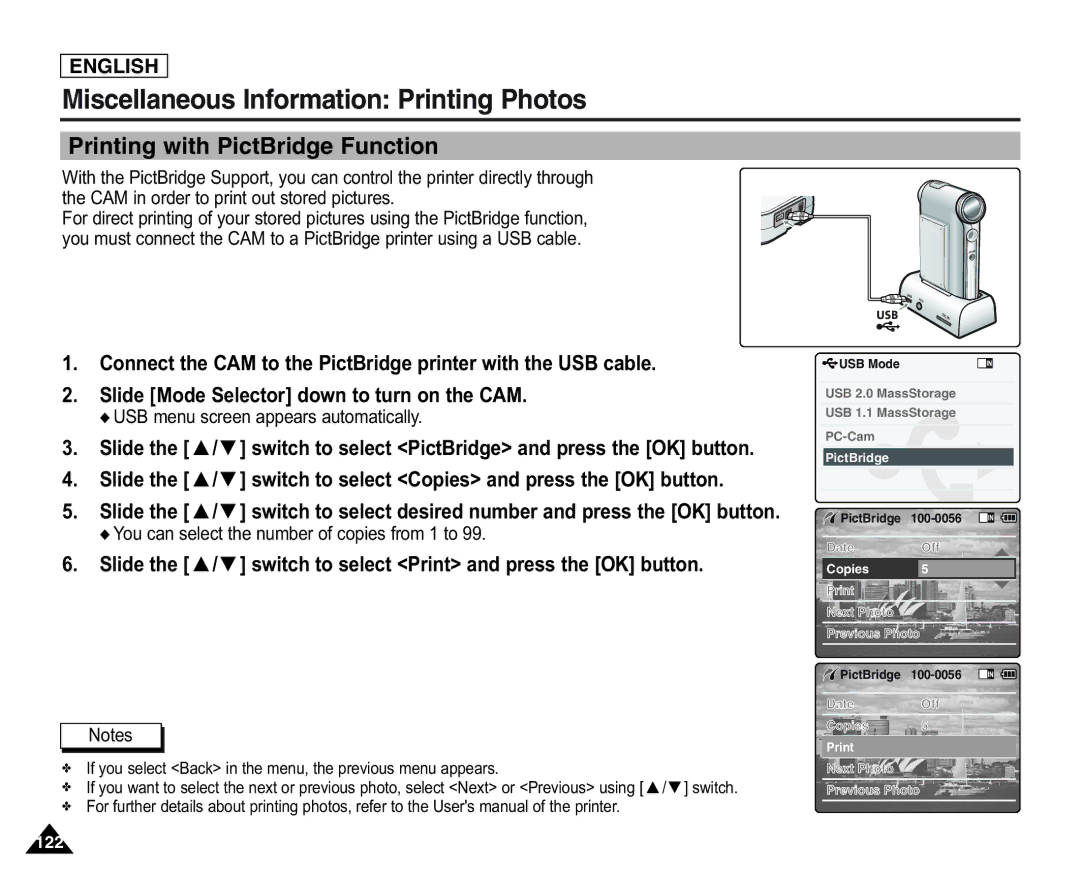 Samsung SC-X105L/X110L manual Miscellaneous Information Printing Photos, Printing with PictBridge Function 