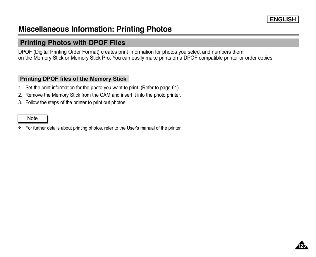 Samsung SC-X105L/X110L manual Printing Photos with Dpof Files, Printing Dpof files of the Memory Stick 