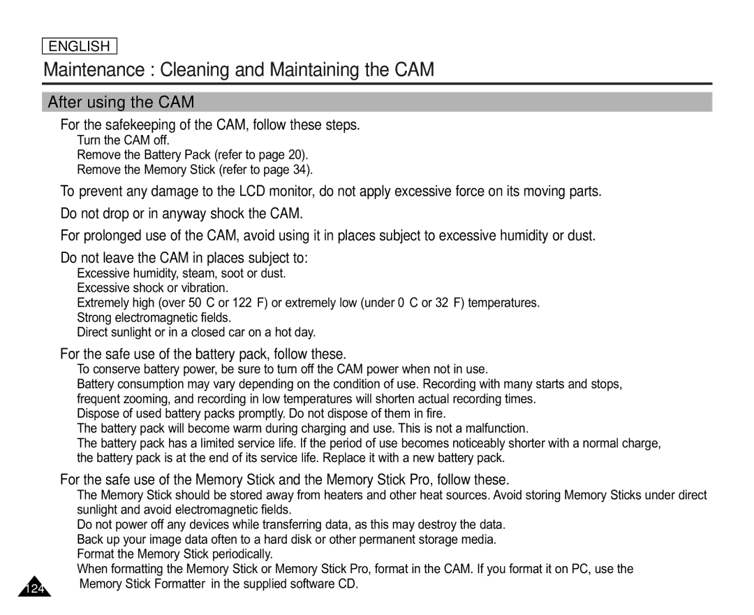 Samsung SC-X105L/X110L manual Maintenance Cleaning and Maintaining the CAM, After using the CAM 