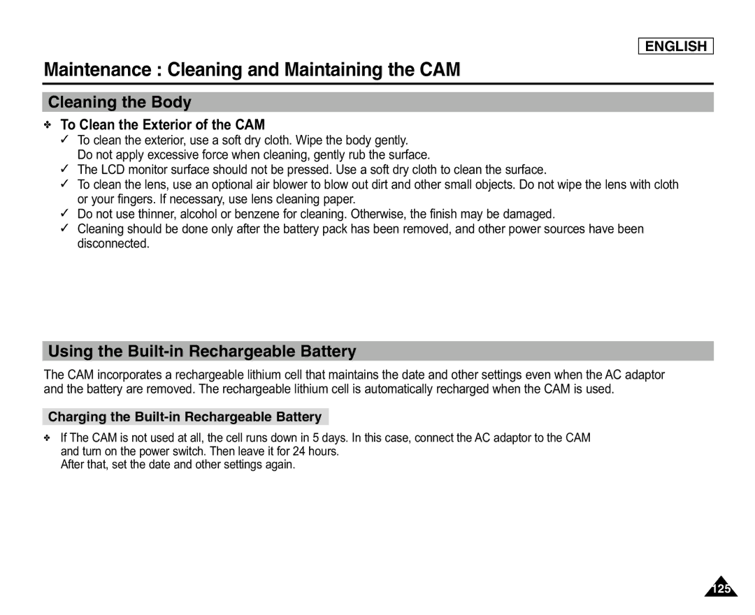 Samsung SC-X105L/X110L manual Cleaning the Body, Using the Built-in Rechargeable Battery, To Clean the Exterior of the CAM 