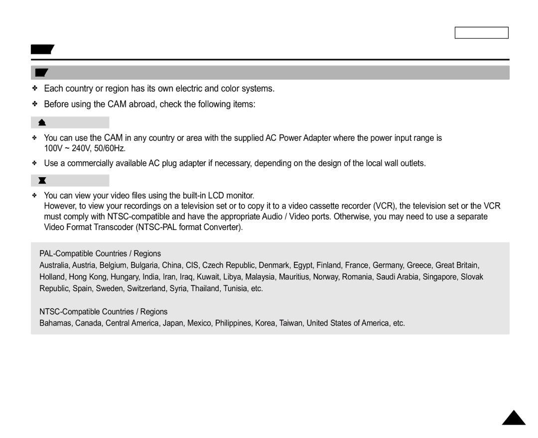 Samsung SC-X105L/X110L manual Using the CAM Abroad, Power Sources, Color System 