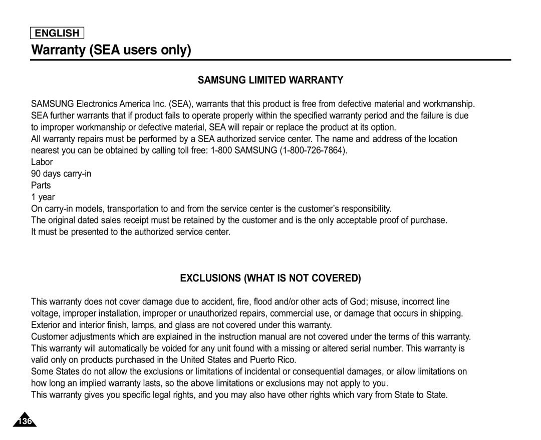 Samsung SC-X105L/X110L manual Warranty SEA users only, Samsung Limited Warranty 