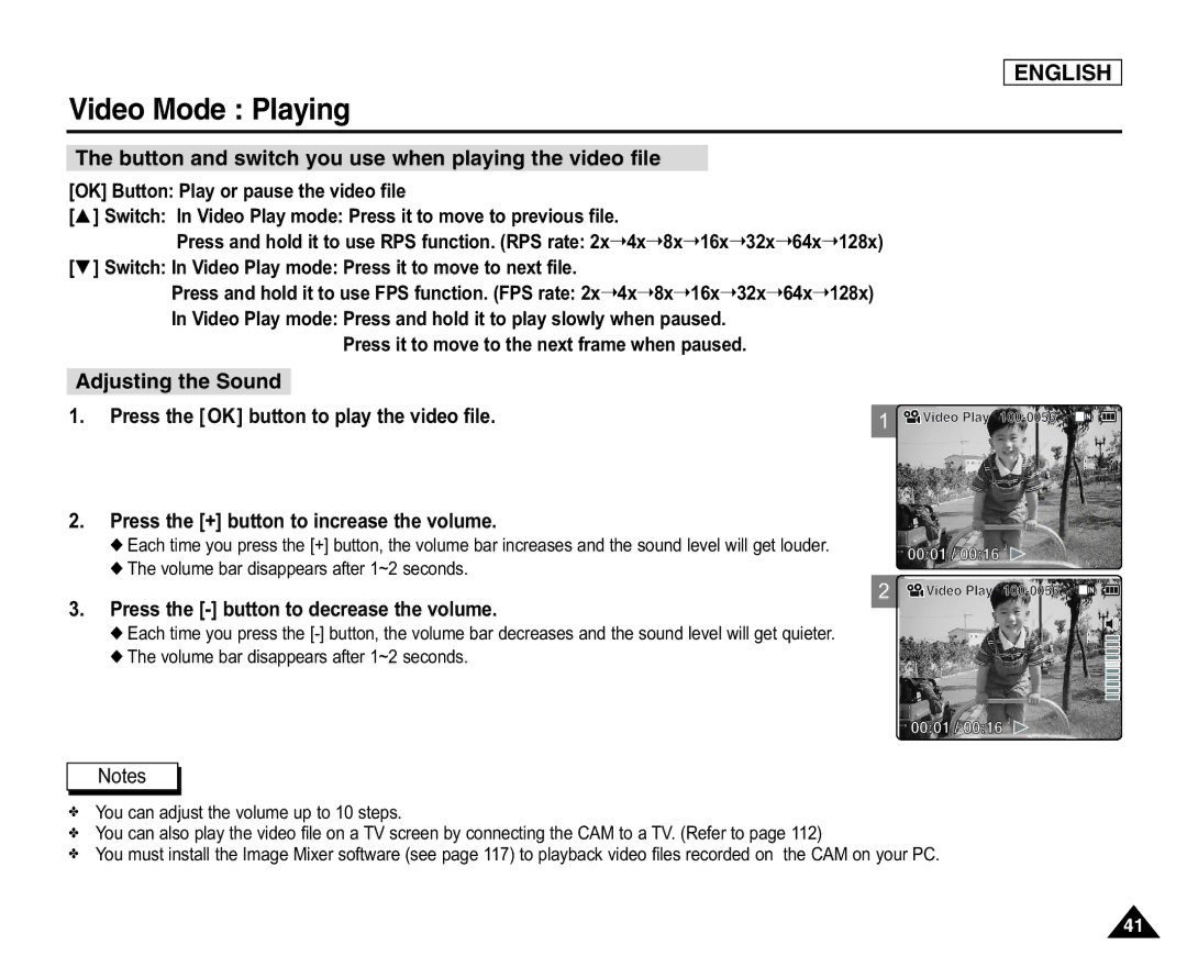 Samsung SC-X105L/X110L Button and switch you use when playing the video file, Press the button to decrease the volume 