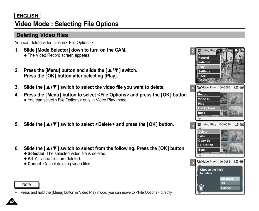 Samsung SC-X105L/X110L manual Video Mode Selecting File Options, Deleting Video files, All All video files are deleted 