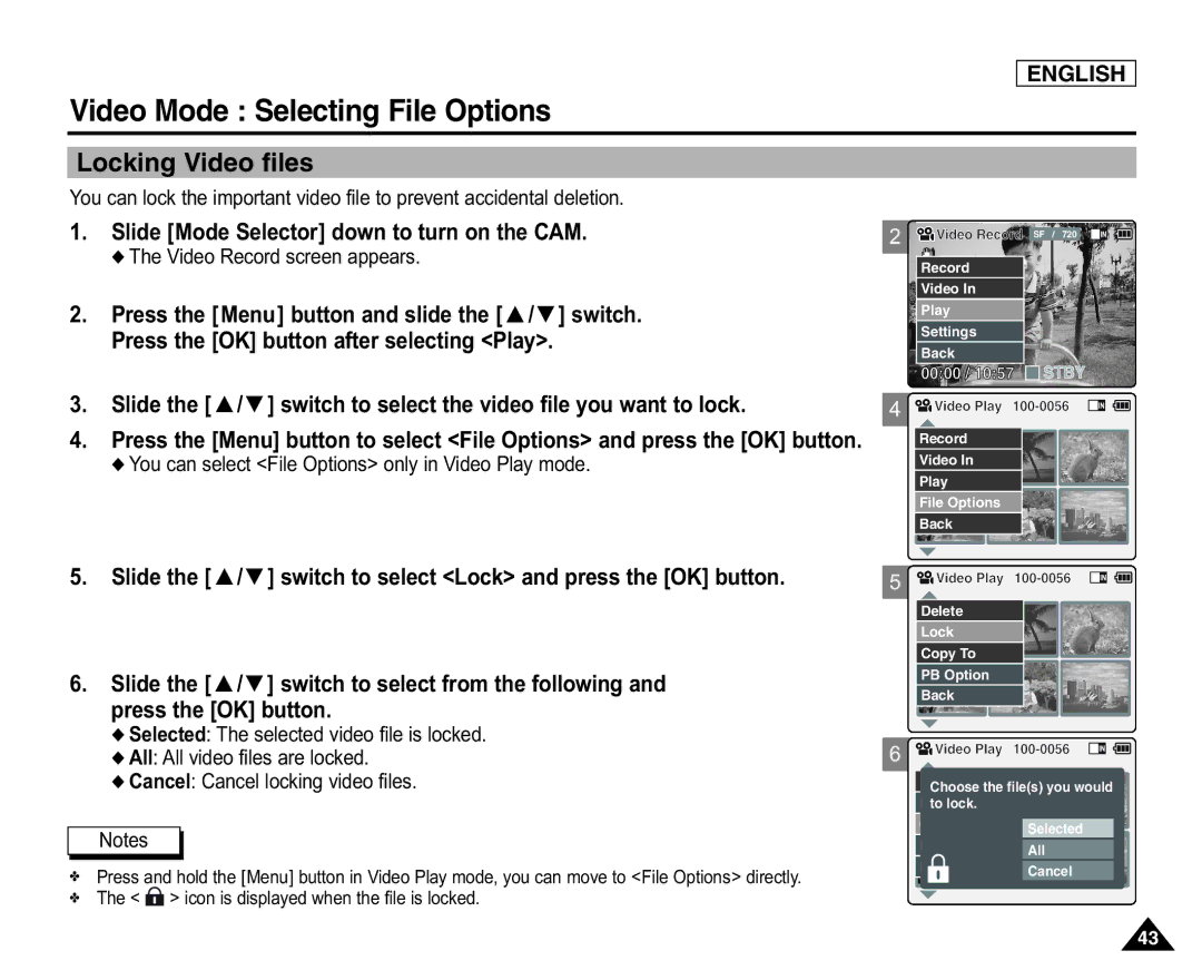 Samsung SC-X105L/X110L manual Locking Video files, Press the Menu button and slide the / switch, Press the OK button 