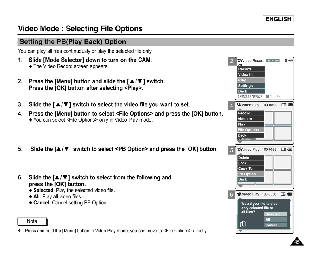 Samsung SC-X105L/X110L Setting the PBPlay Back Option, Selected Play the selected video file, All Play all video files 