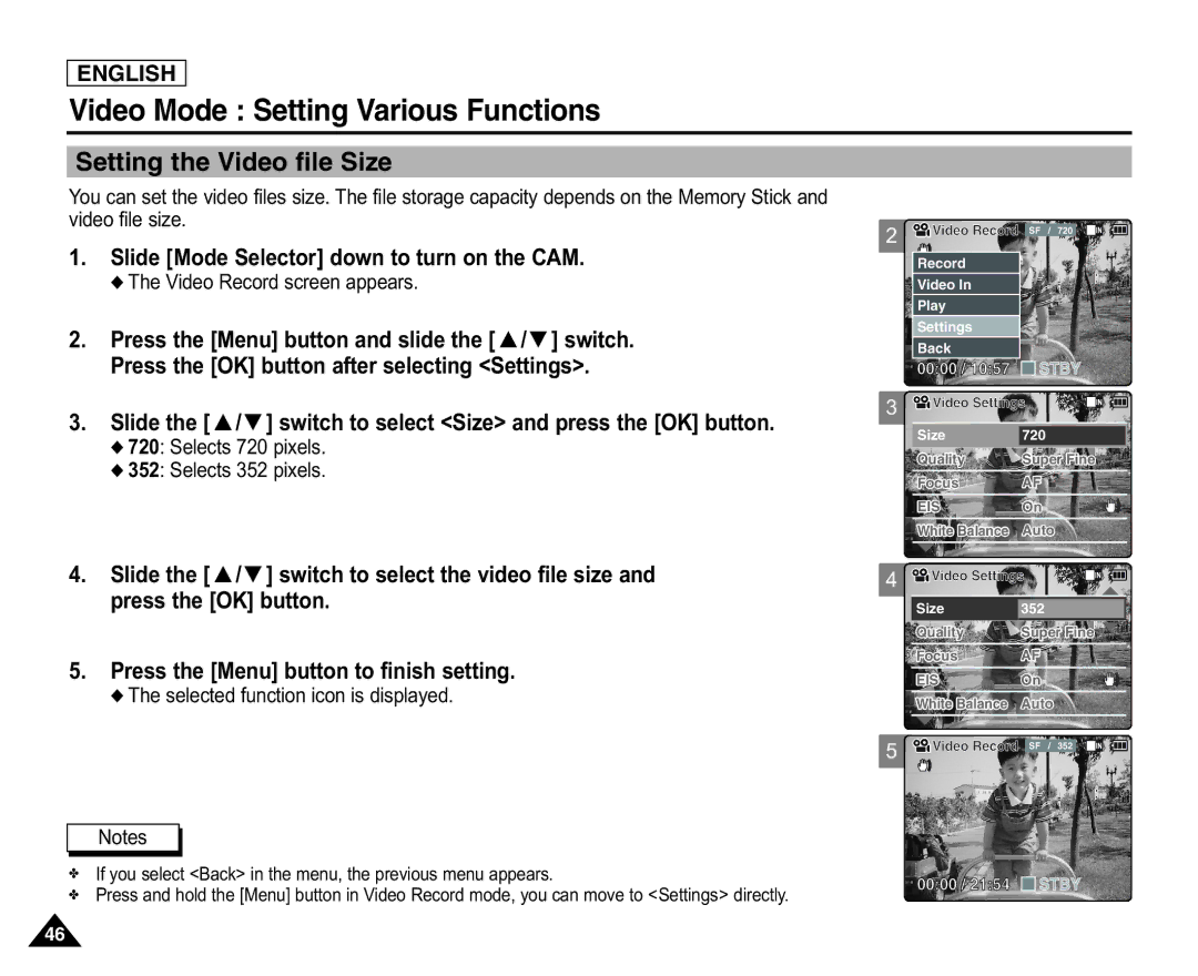 Samsung SC-X105L/X110L manual Video Mode Setting Various Functions, Setting the Video file Size 