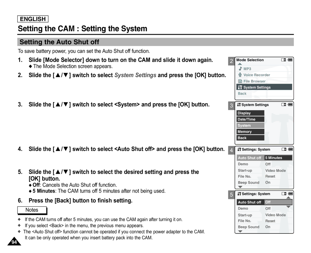 Samsung SC-X105L/X110L manual Setting the Auto Shut off 