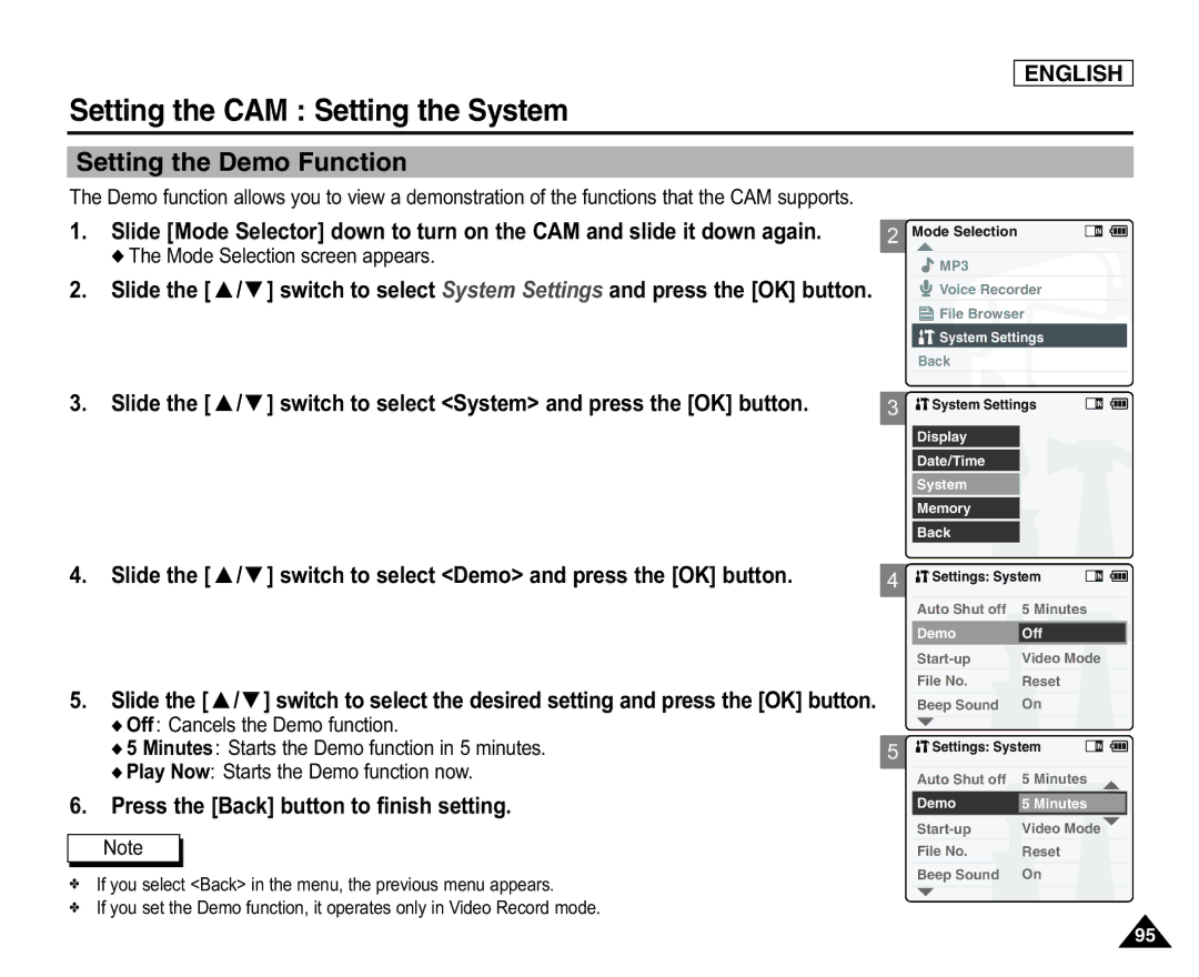 Samsung SC-X105L/X110L manual Setting the CAM Setting the System, Setting the Demo Function 