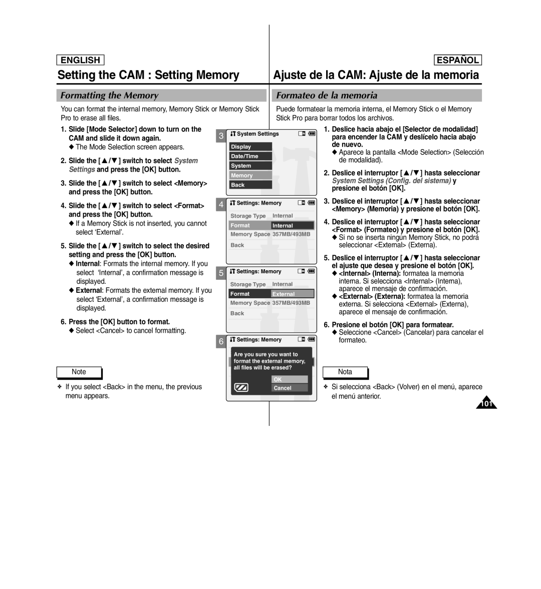 Samsung SC-X110L Setting the CAM Setting Memory, Ajuste de la CAM Ajuste de la memoria, Press the OK button to format 