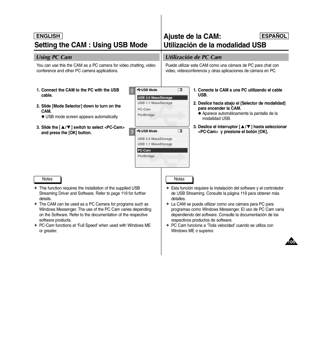 Samsung SC-X110L manual Using PC Cam Utilización de PC Cam, Conference and other PC camera applications 