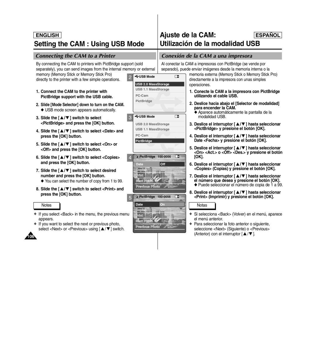 Samsung SC-X110L manual Connecting the CAM to a Printer, Conexión de la CAM a una impresora 