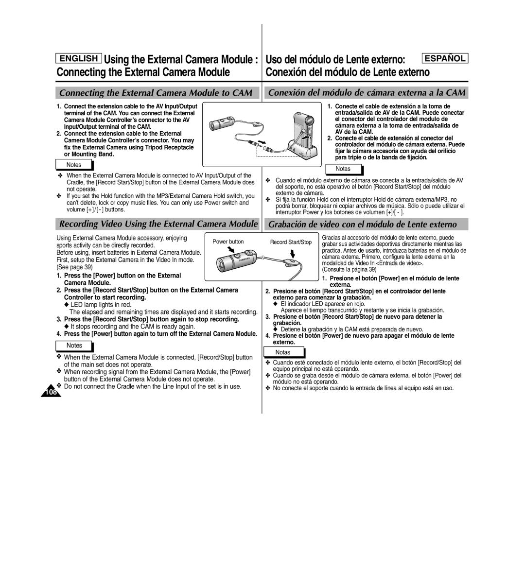 Samsung SC-X110L manual Grabación de video con el módulo de Lente externo, Recording Video Using the External Camera Module 