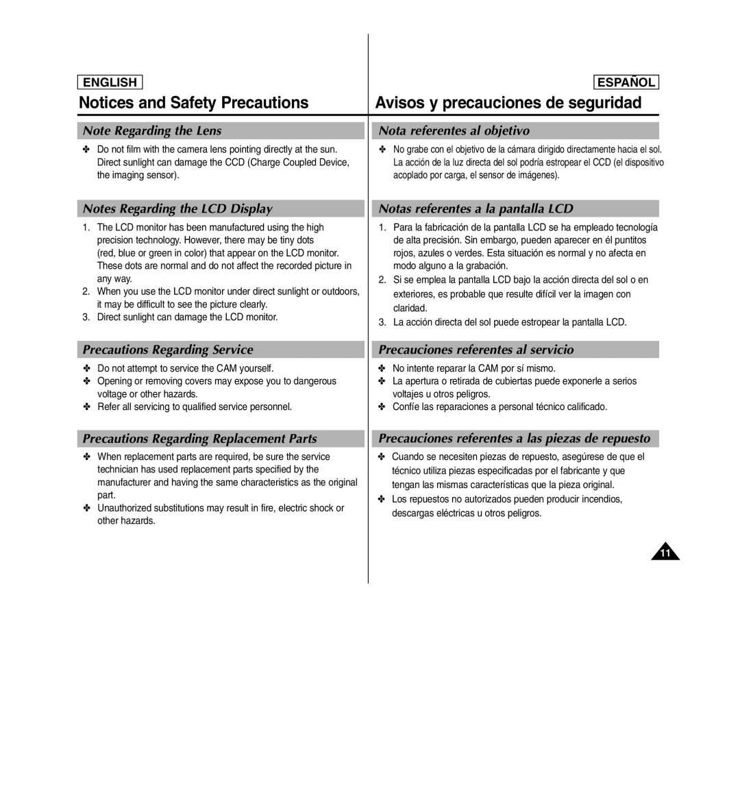 Samsung SC-X110L manual Nota referentes al objetivo, Notas referentes a la pantalla LCD, Precautions Regarding Service 