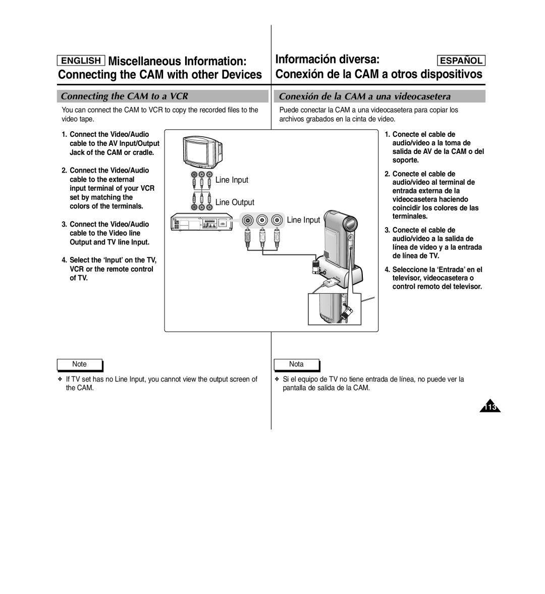 Samsung SC-X110L manual Connecting the CAM to a VCR, Conexión de la CAM a una videocasetera 