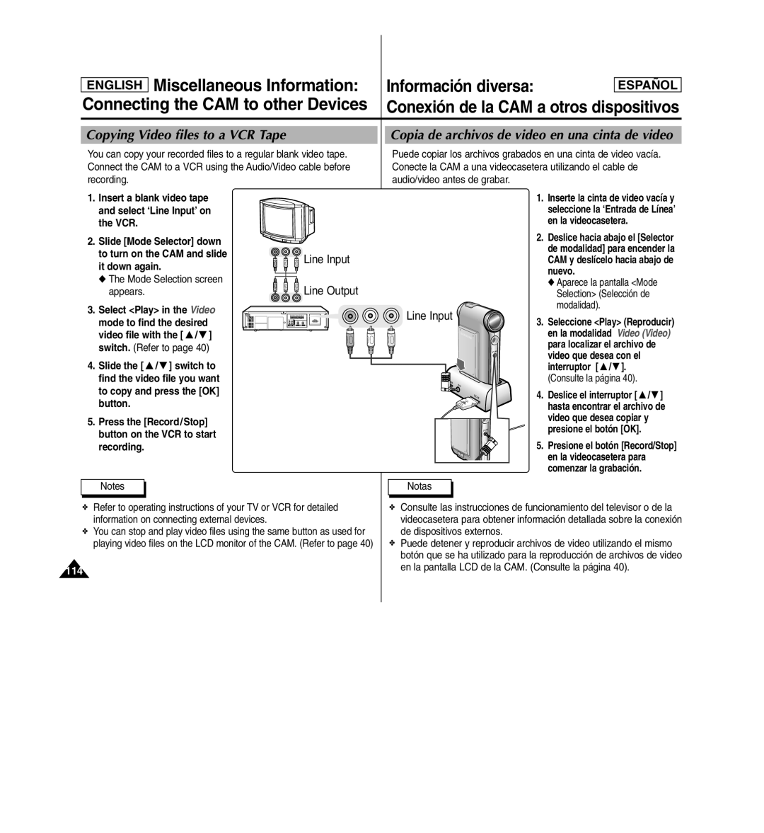 Samsung SC-X110L manual Copying Video files to a VCR Tape, Copia de archivos de video en una cinta de video, Recording 