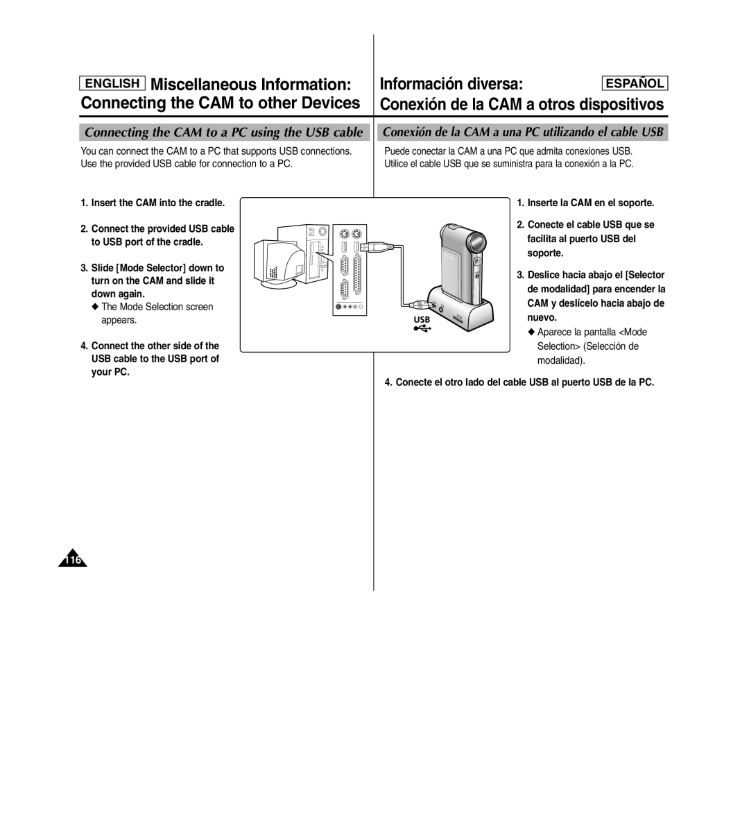 Samsung SC-X110L manual Connecting the CAM to a PC using the USB cable, Conexión de la CAM a una PC utilizando el cable USB 