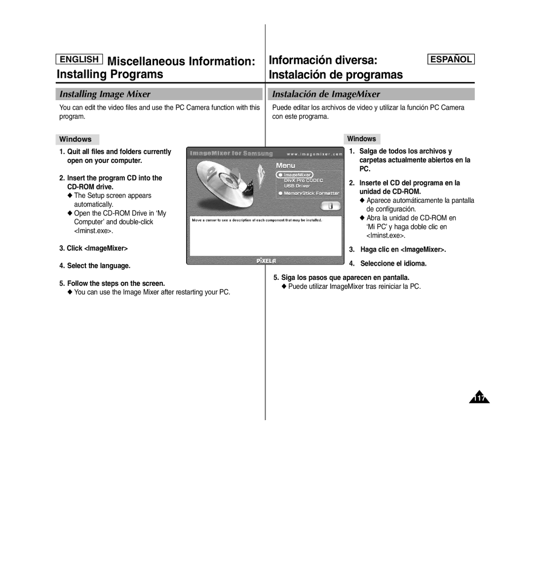 Samsung SC-X110L manual Instalación de programas, Installing Image Mixer, Instalación de ImageMixer, Windows 