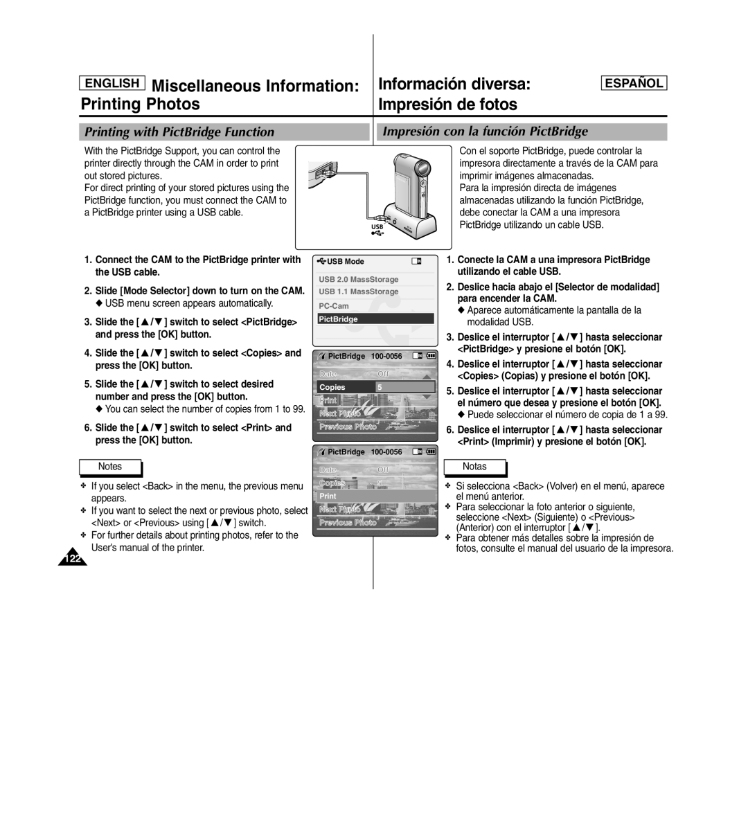 Samsung SC-X110L manual English Miscellaneous Information, Printing Photos Impresión de fotos, Información diversa 