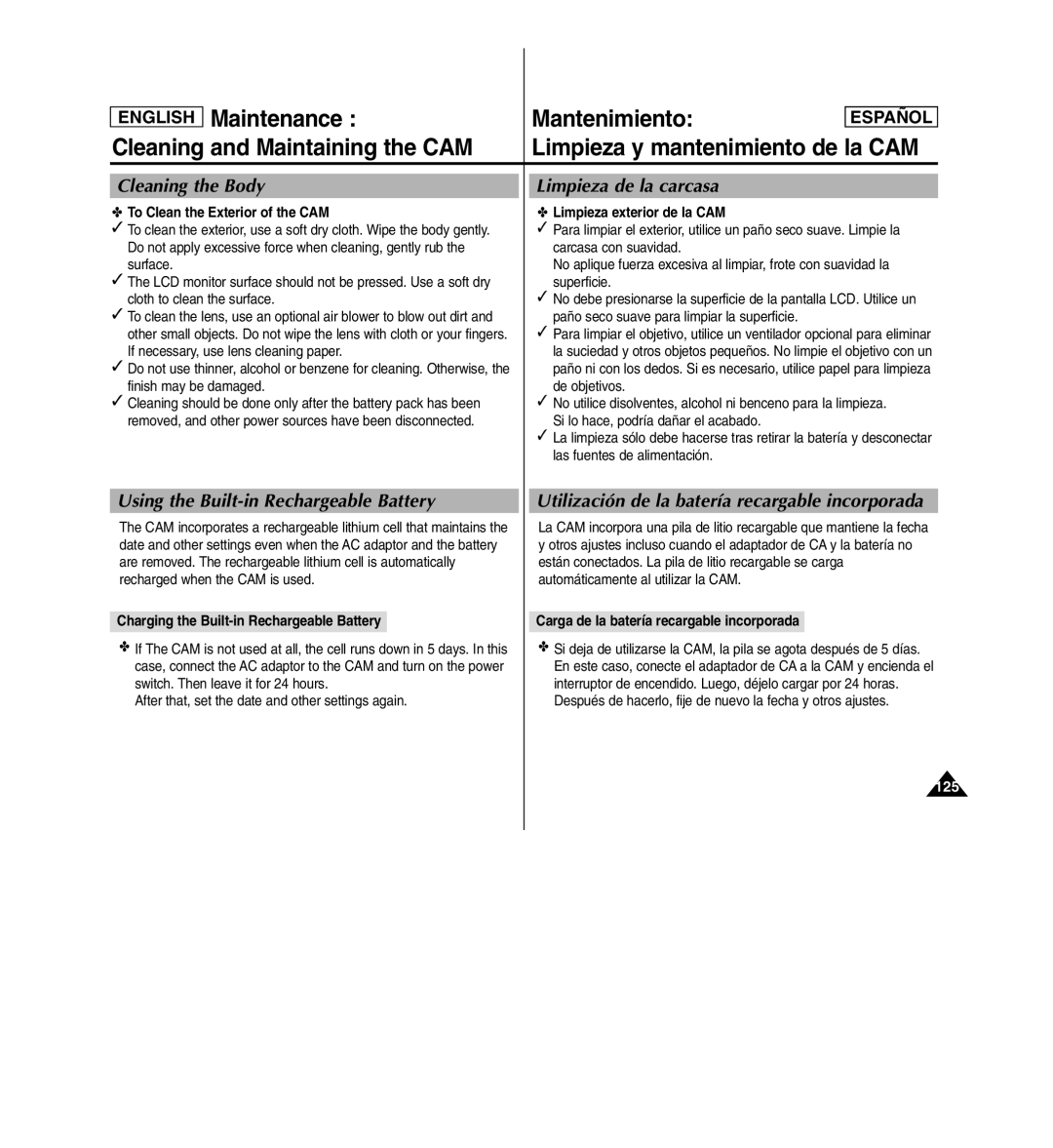 Samsung SC-X110L manual Cleaning the Body, Limpieza de la carcasa, Using the Built-in Rechargeable Battery 