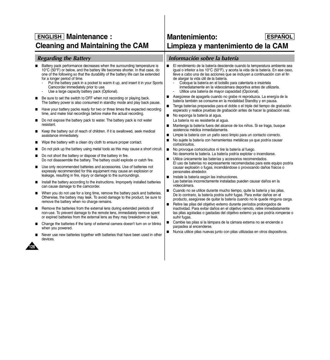 Samsung SC-X110L manual Regarding the Battery Información sobre la batería 