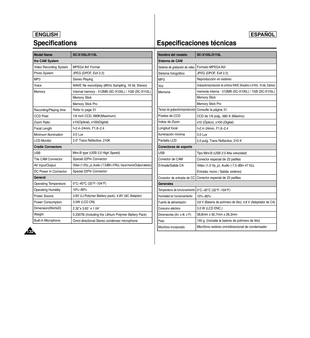 Samsung SC-X110L manual Specifications, Especificaciones técnicas 