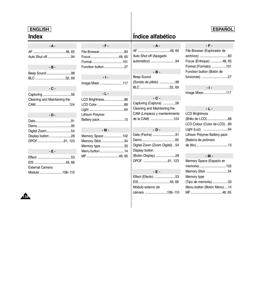 Samsung SC-X110L manual Index, Índice alfabético 