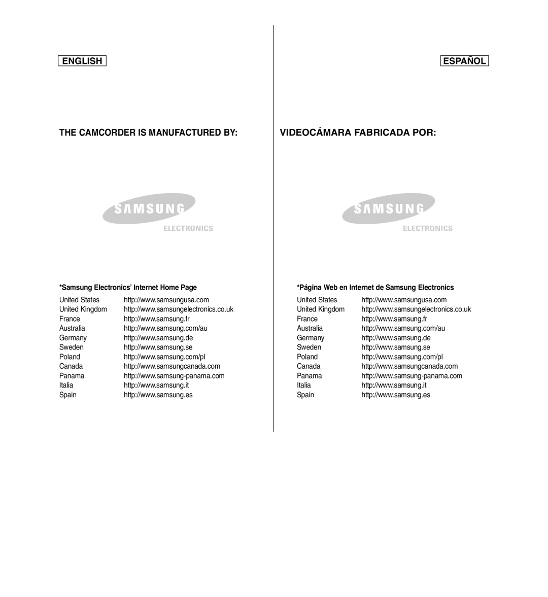 Samsung SC-X110L manual Samsung Electronics’ Internet Home, Página Web en Internet de Samsung Electronics 