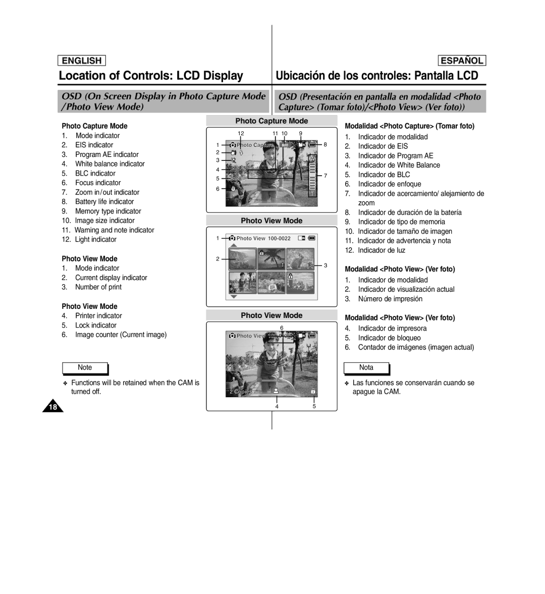 Samsung SC-X110L Photo View Mode, OSD On Screen Display in Photo Capture Mode, Capture Tomar foto/Photo View Ver foto 