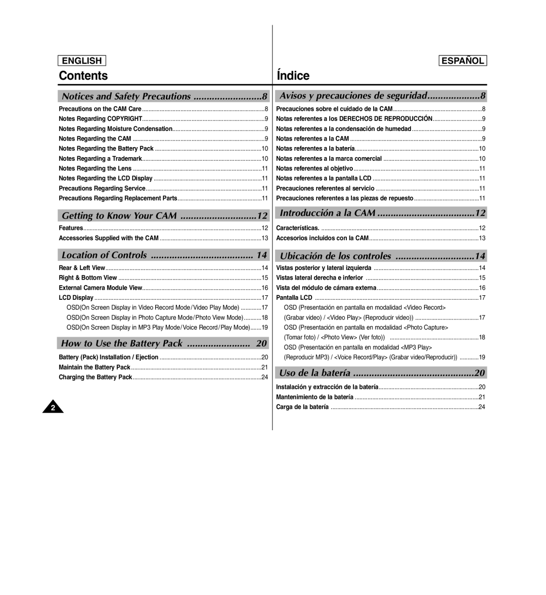 Samsung SC-X110L manual Contents Índice 