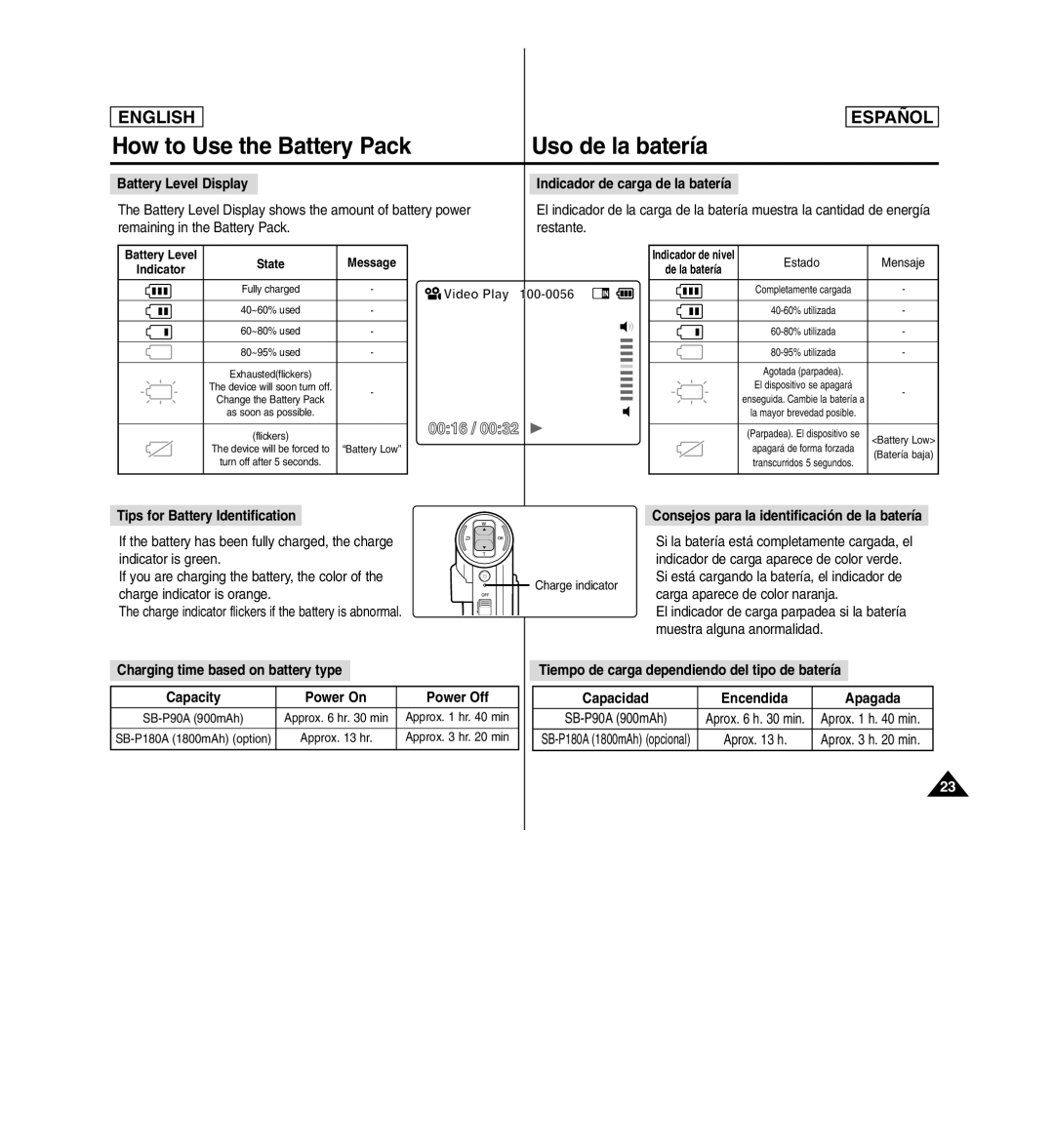 Samsung SC-X110L manual How to Use the Battery Pack Uso de la batería, 0016 