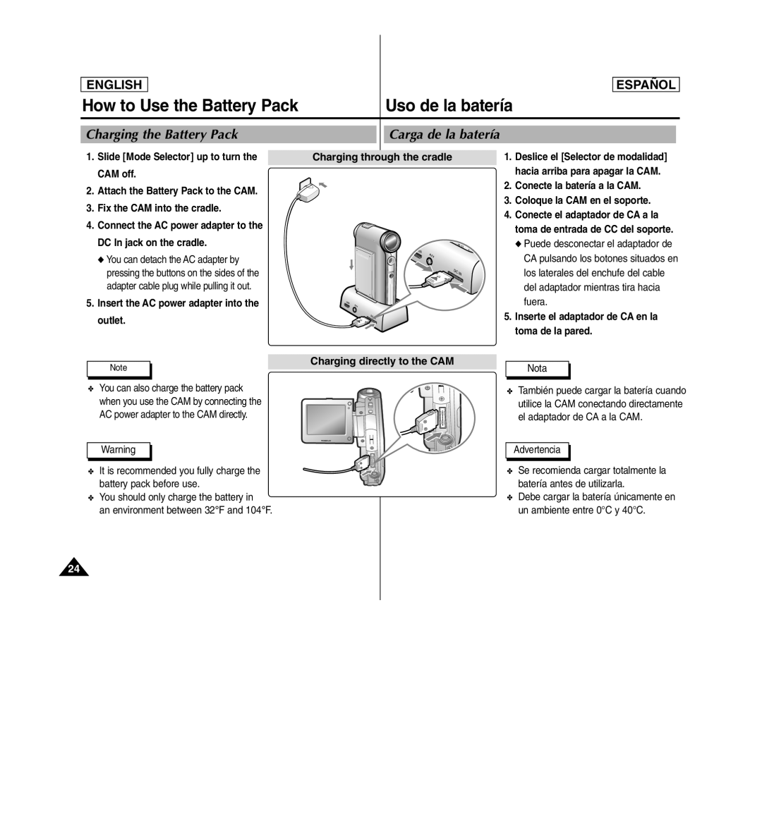 Samsung SC-X110L Charging the Battery Pack, Carga de la batería, Charging through the cradle, Charging directly to the CAM 