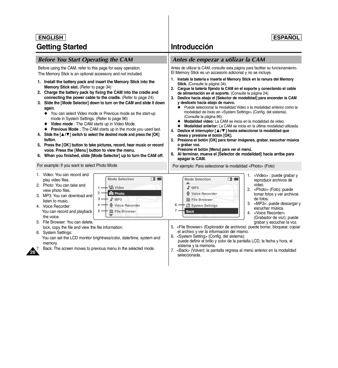 Samsung SC-X110L manual Before You Start Operating the CAM, Antes de empezar a utilizar la CAM 