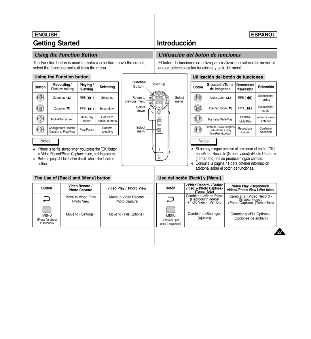 Samsung SC-X110L manual Getting Started Introducción, Using the Function button, Utilización del botón de funciones 