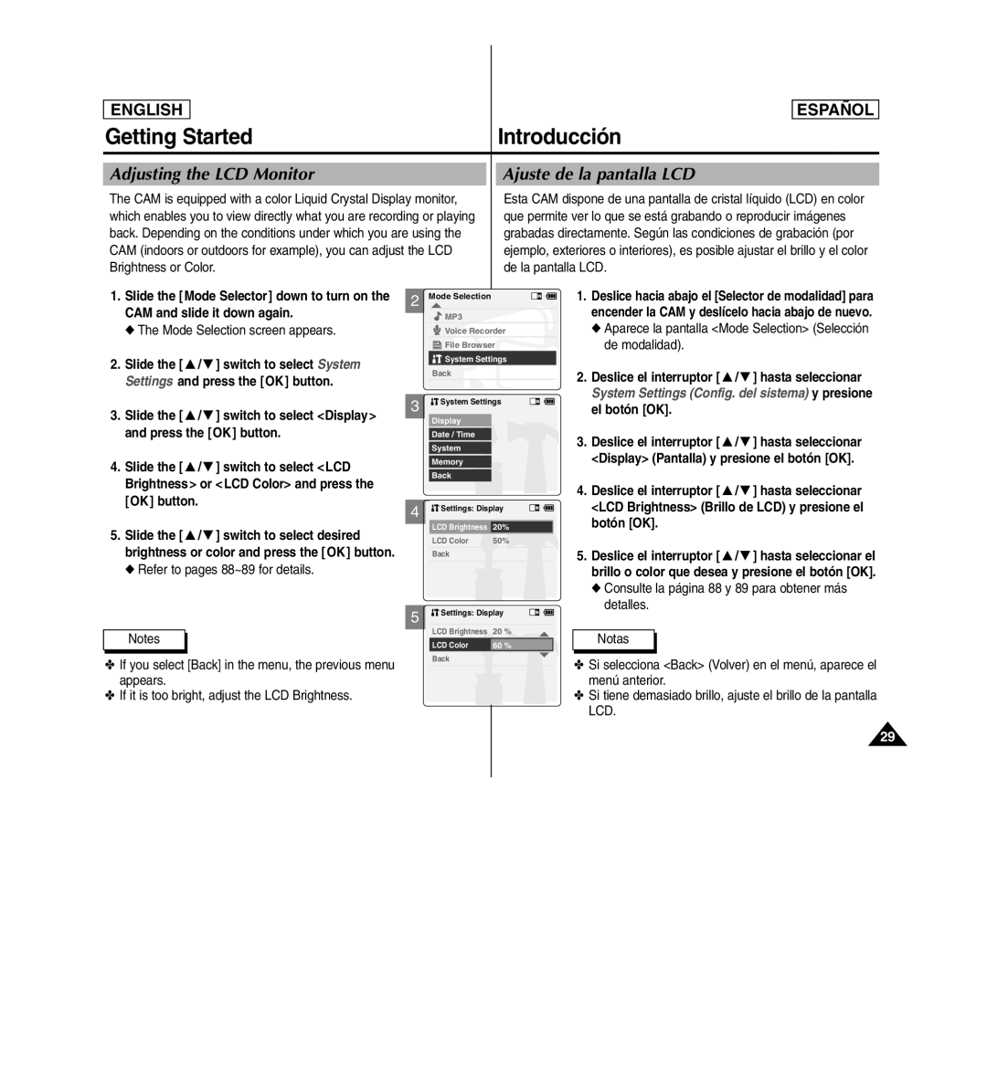 Samsung SC-X110L manual Adjusting the LCD Monitor, Ajuste de la pantalla LCD, Mode Selection screen appears 