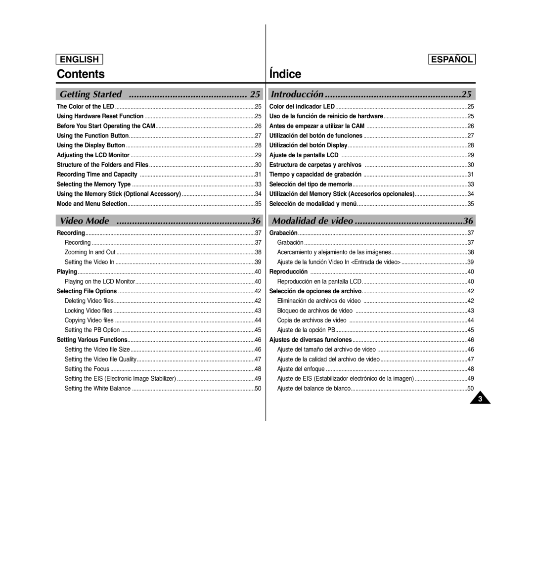 Samsung SC-X110L manual Contents Índice 