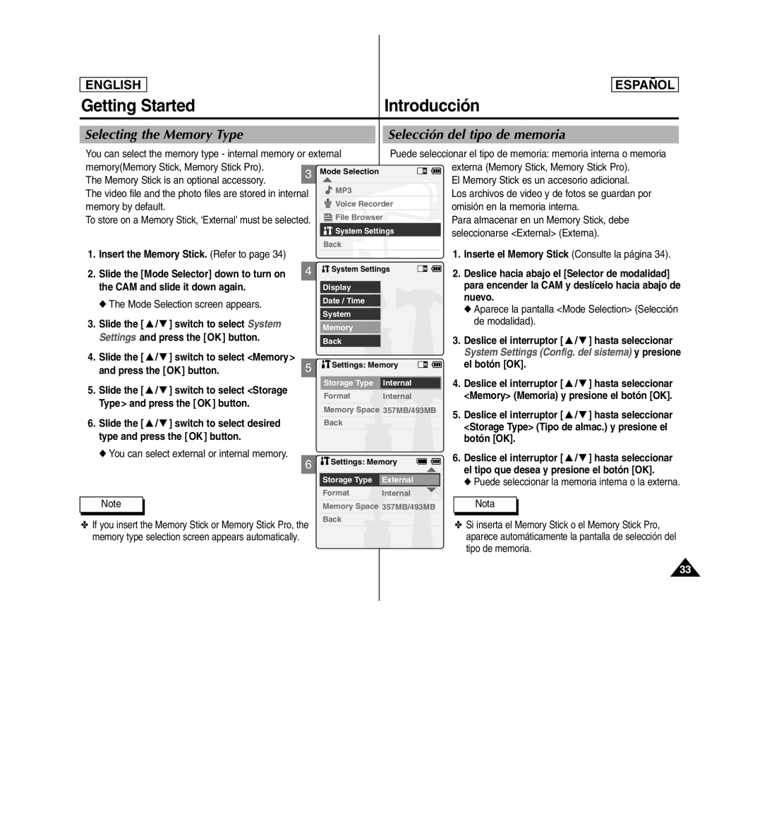 Samsung SC-X110L manual Selecting the Memory Type Selección del tipo de memoria 