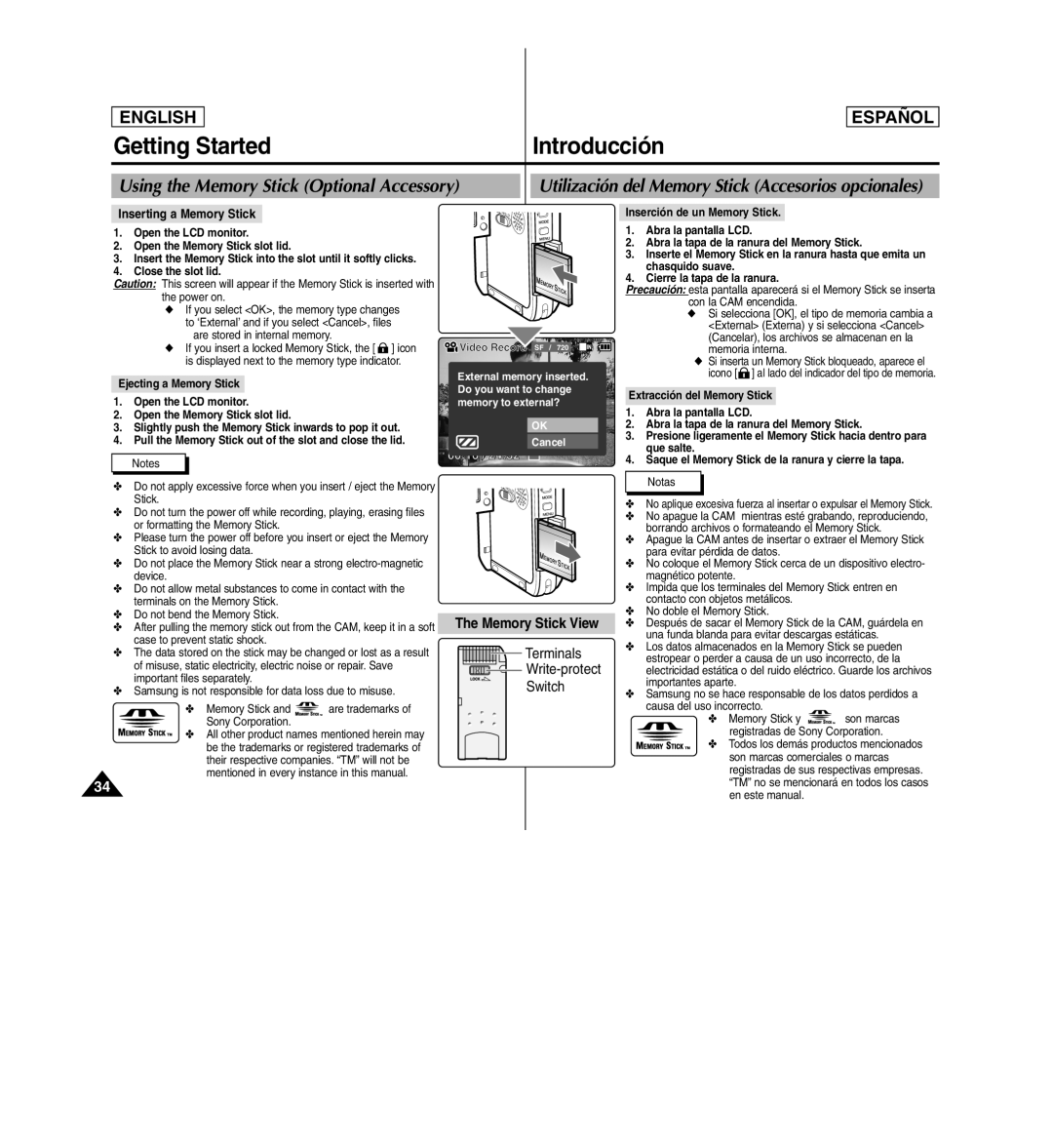 Samsung SC-X110L manual Using the Memory Stick Optional Accessory, Memory Stick View, Terminals Write-protect Switch 