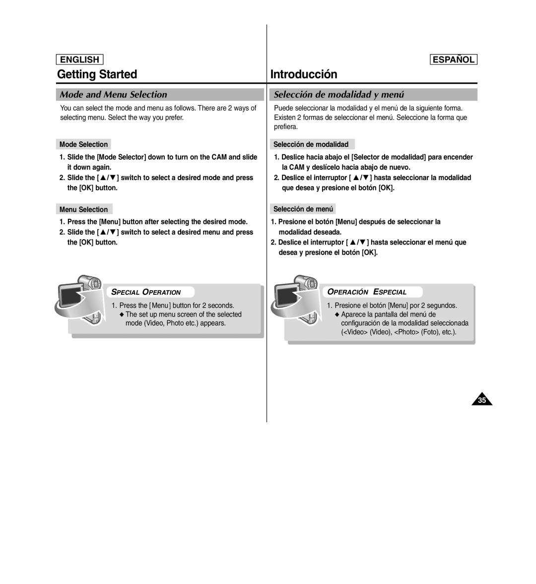 Samsung SC-X110L manual Mode and Menu Selection, Selección de modalidad y menú, Press the Menu button for 2 seconds 